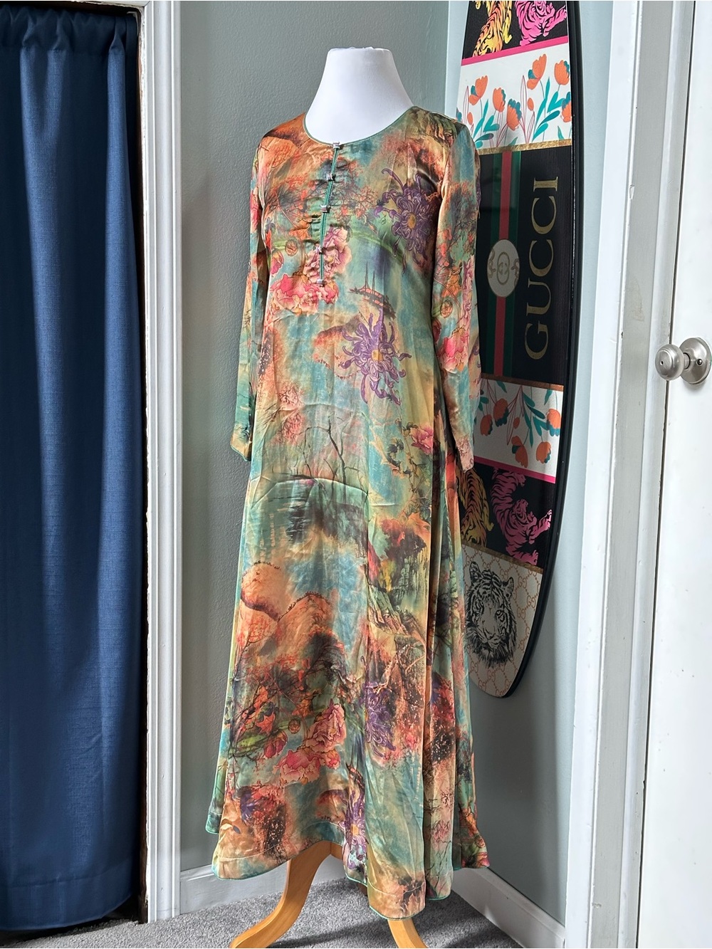 Long Sleeve Vintage-Inspired Satin Floral Dress Dark Academia Fairycore Japan